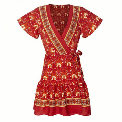 Women'S Floral Print V-Neck Summer Dress,A-Line Mini Dress with Belt, for Spring/Summer/Fall