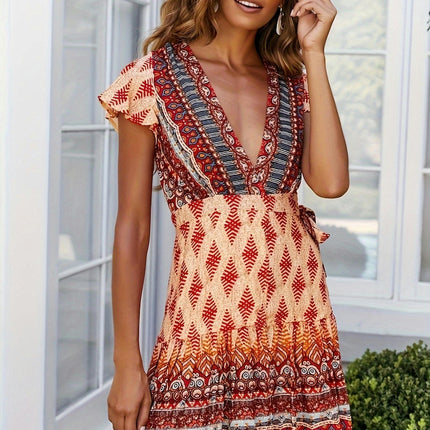 Women'S Floral Print V-Neck Summer Dress,A-Line Mini Dress with Belt, for Spring/Summer/Fall