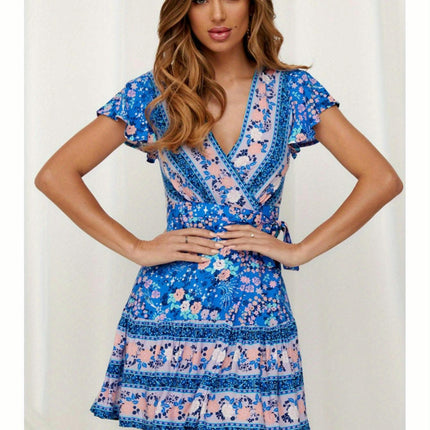 Women'S Floral Print V-Neck Summer Dress,A-Line Mini Dress with Belt, for Spring/Summer/Fall