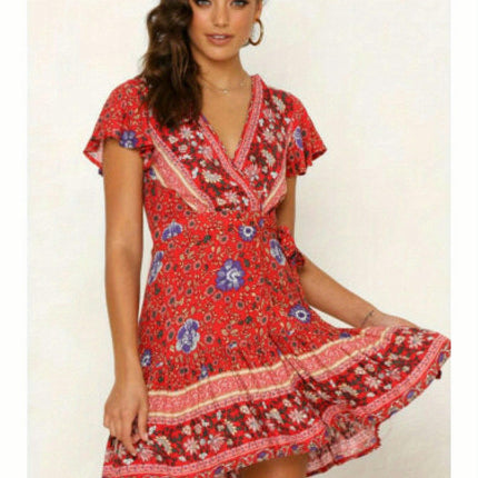 Women'S Floral Print V-Neck Summer Dress,A-Line Mini Dress with Belt, for Spring/Summer/Fall