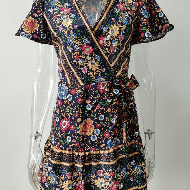 Women'S Floral Print V-Neck Summer Dress,A-Line Mini Dress with Belt, for Spring/Summer/Fall