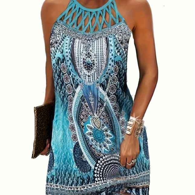 For Spring & Summer, Vintage Graphic Print Halter Dress, Women's Vacation Style Hollow Out Clothing