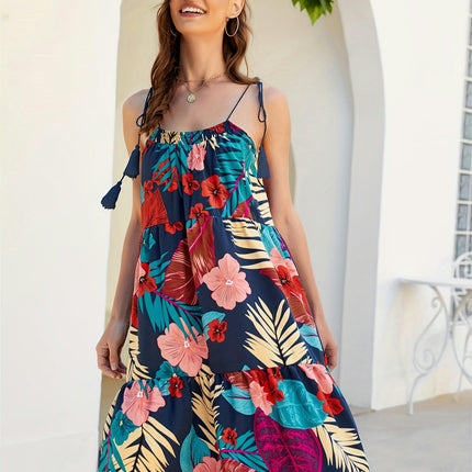 Vacation Tie Shoulder Sleeveless Floral Print Ruffle Trim Backless Cami Dress for Women