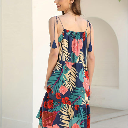 Vacation Tie Shoulder Sleeveless Floral Print Ruffle Trim Backless Cami Dress for Women