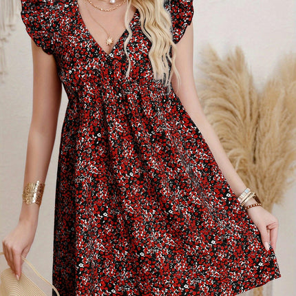 For Spring & Summer, Elegant Floral Print V Neck Loose Dress with Ruffle Sleeve, Women's Clothing