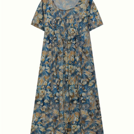 Vintage-Inspired Floral Pleated Swing Dress - Short Sleeve & Loose Fitting - Casual Everyday Wear