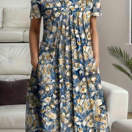 Vintage-Inspired Floral Pleated Swing Dress - Short Sleeve & Loose Fitting - Casual Everyday Wear