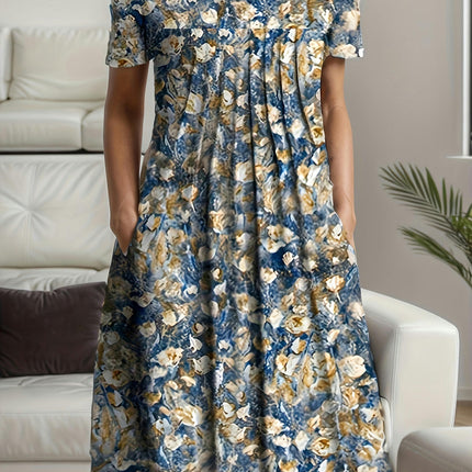Vintage-Inspired Floral Pleated Swing Dress - Short Sleeve & Loose Fitting - Casual Everyday Wear