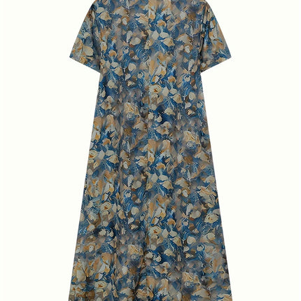 Vintage-Inspired Floral Pleated Swing Dress - Short Sleeve & Loose Fitting - Casual Everyday Wear