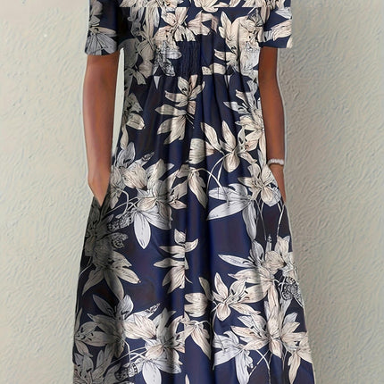Vintage-Inspired Floral Pleated Swing Dress - Short Sleeve & Loose Fitting - Casual Everyday Wear
