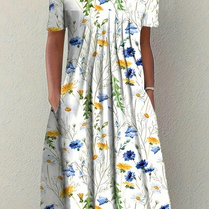 Vintage-Inspired Floral Pleated Swing Dress - Short Sleeve & Loose Fitting - Casual Everyday Wear