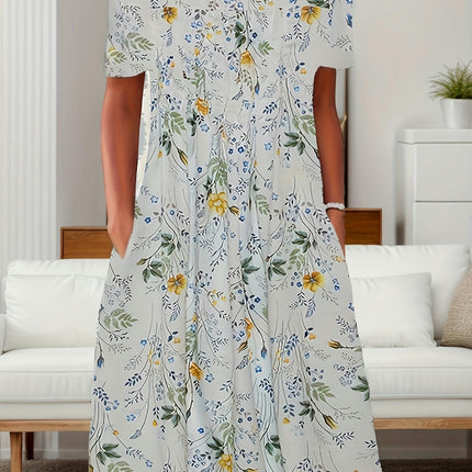 Vintage-Inspired Floral Pleated Swing Dress - Short Sleeve & Loose Fitting - Casual Everyday Wear