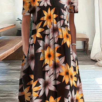 Vintage-Inspired Floral Pleated Swing Dress - Short Sleeve & Loose Fitting - Casual Everyday Wear