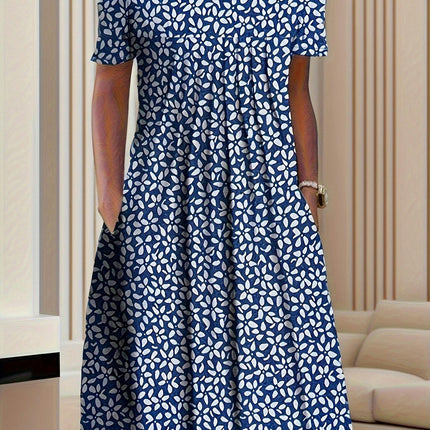 Vintage-Inspired Floral Pleated Swing Dress - Short Sleeve & Loose Fitting - Casual Everyday Wear