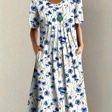 Vintage-Inspired Floral Pleated Swing Dress - Short Sleeve & Loose Fitting - Casual Everyday Wear