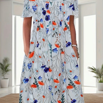 Vintage-Inspired Floral Pleated Swing Dress - Short Sleeve & Loose Fitting - Casual Everyday Wear
