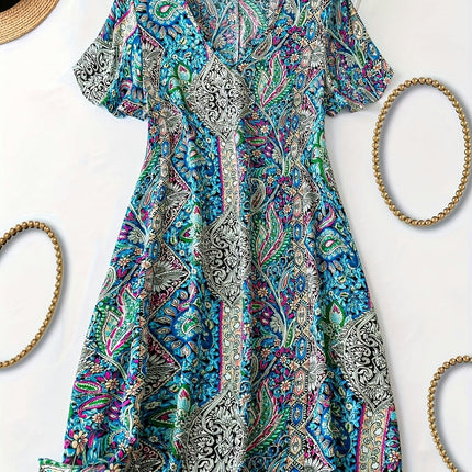 Print A-line Dress-V-neck, Short Sleeve, Vacation-Ready, Spring and Summer Women's Clothing