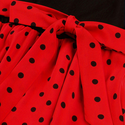Elegant Chic Polka Dot Crew Neck Dress Versatile Belted Summer Attire, Machine-Washable