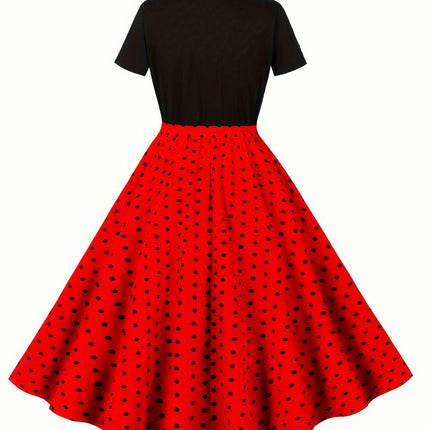 Elegant Chic Polka Dot Crew Neck Dress Versatile Belted Summer Attire, Machine-Washable