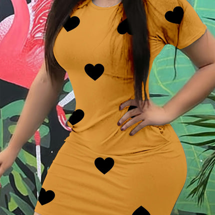 Heart Print Crew Neck Dress with Practical Pocket Relaxed Casual Style with Comfortable Short Sleeves