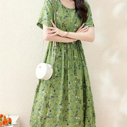 Floral Crew Neck A-line Dress - Short Sleeve, Casual, Comfortable, Spring & Summer Women's Clothing