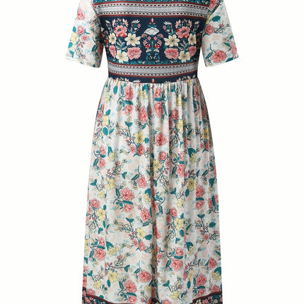 Vintage Floral Print Dress, Boho High Waist Crew Neck Short Sleeve Dress, Women's Clothing