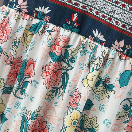 Vintage Floral Print Dress, Boho High Waist Crew Neck Short Sleeve Dress, Women's Clothing