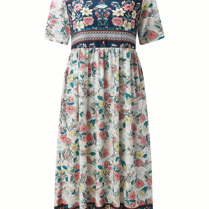 Vintage Floral Print Dress, Boho High Waist Crew Neck Short Sleeve Dress, Women's Clothing