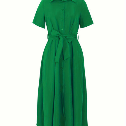 Charming Solid Color Button Dress -Short Sleeve Ideal for Summer - Flattering Fit Womens Clothing