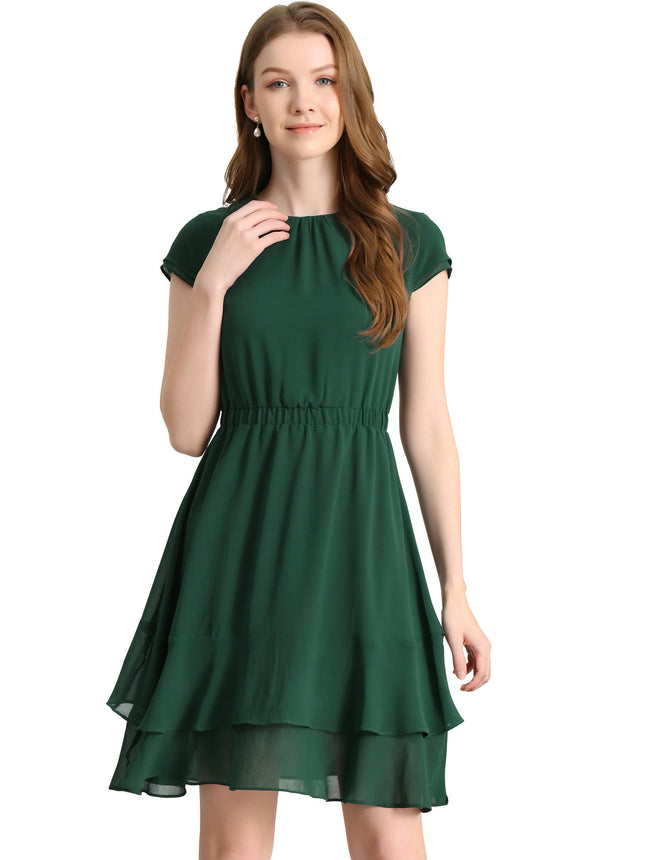 Women's Chiffon A-Line Cap Sleeve Elastic Waist Layered Ruffle Dress for Spring & Fall Season