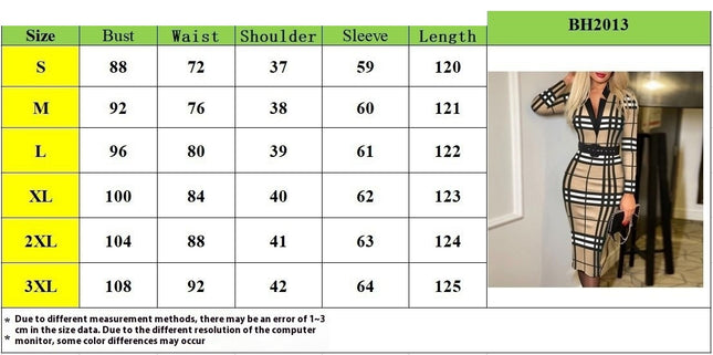 Women's Long Sleeve Plaid Pattern Notched V Neck Split Bodycon Dress for Spring & Fall