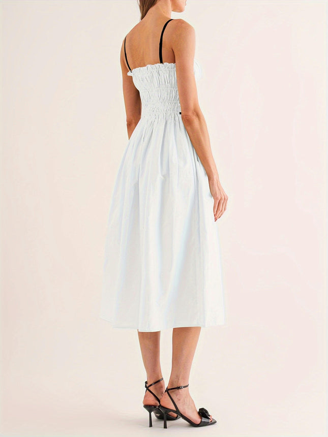 Womens Summer Spaghetti Strap Midi Dress Sleeveless Tie Strap Contrast Color Casual Dresses