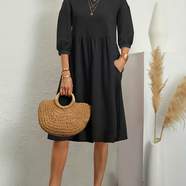 Lantern Sleeve Pocket Dress, Casual Crew Neck Half Sleeve Dress, Women's Clothing