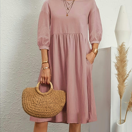 Lantern Sleeve Pocket Dress, Casual Crew Neck Half Sleeve Dress, Women's Clothing