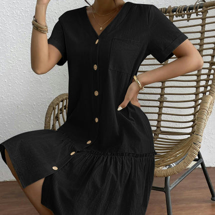 Casual Button Down Tunic Dress - Women Clothing - Cotton Short Sleeve Ruffle Hem Babydoll Dress