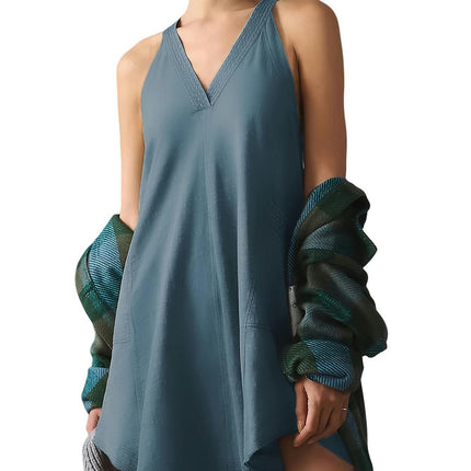 Women's V-Neck Mini Dress Sleeveless Solid Pullover Dress Casual Loose Sundress