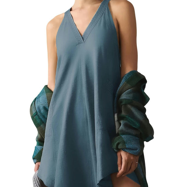 Women's V-Neck Mini Dress Sleeveless Solid Pullover Dress Casual Loose Sundress