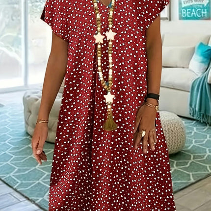 Summer Dress for Women: Polka Dot & Heart Print, V-Neck, Knee-Length Dress
