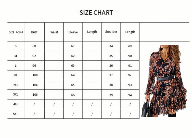 Long Sleeve High Waist Womens Casual Dress with Vintage Flower Ruffles and V-neck Tie-up