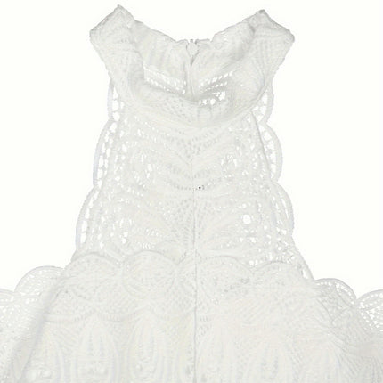 Women Hollow Out Lace Halter Dress, Crochet High Waist Pleated Maxi Dress Wedding Party Dress