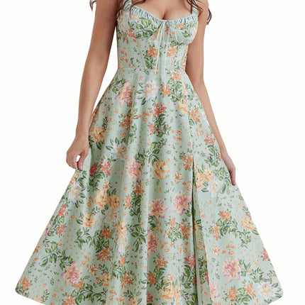 1pc Women'S Floral Midi Dress - Casual Notched Collar, Drawstring Detail, Sleeveless Summer Dress