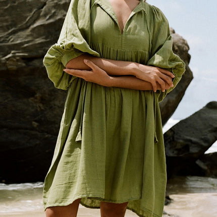 Lantern Sleeve Round Neck Tie-up Front Dress Summer Loose Dress Women's Flowy Mini Dress
