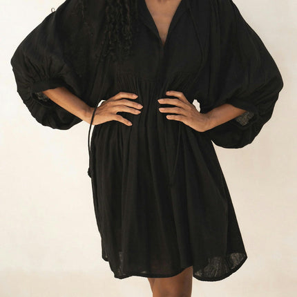Lantern Sleeve Round Neck Tie-up Front Dress Summer Loose Dress Women's Flowy Mini Dress