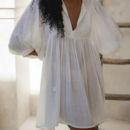 Lantern Sleeve Round Neck Tie-up Front Dress Summer Loose Dress Women's Flowy Mini Dress