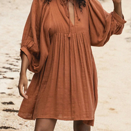 Lantern Sleeve Round Neck Tie-up Front Dress Summer Loose Dress Women's Flowy Mini Dress