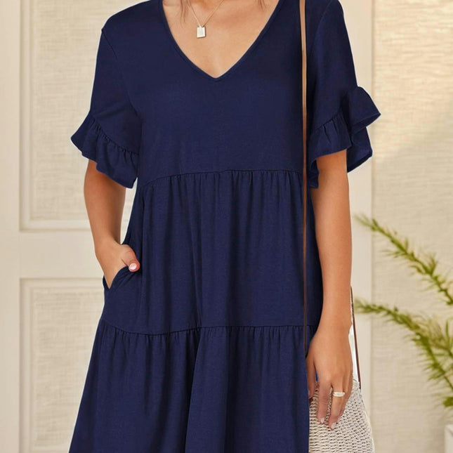 Women'S V-Neck Ruffle Short Sleeve Mini Dress with Pockets Solid Color Dress for Spring/Summer/Fall