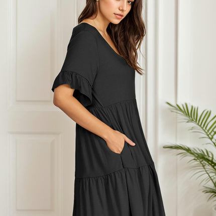 Women'S V-Neck Ruffle Short Sleeve Mini Dress with Pockets Solid Color Dress for Spring/Summer/Fall