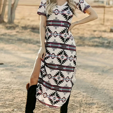 Women's Summer Casual Maxi Dress Boho V Neck Short Sleeve Split Long Beach T Shirt Dress