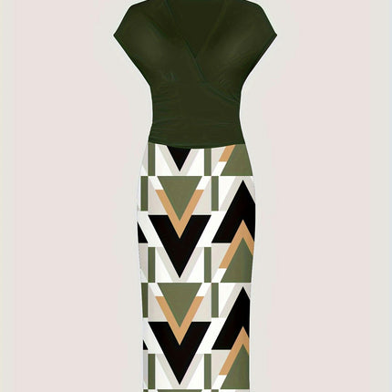 Geo Print Color Block Dress-V Neck, Short Sleeves, Comfortable Women's Clothing for Everyday Wear