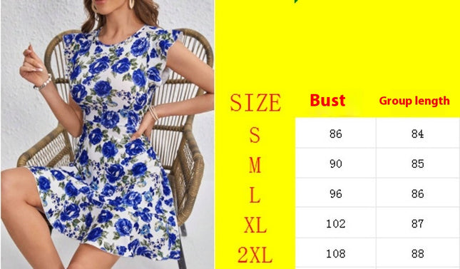 Floral Print Crew Neck Dress, Vacation Flutter Sleeve Dress For Spring & Summer, Women's Clothing